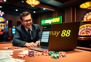 Experience may88 com đăng ký with an exciting casino scene featuring vibrant tables and players.