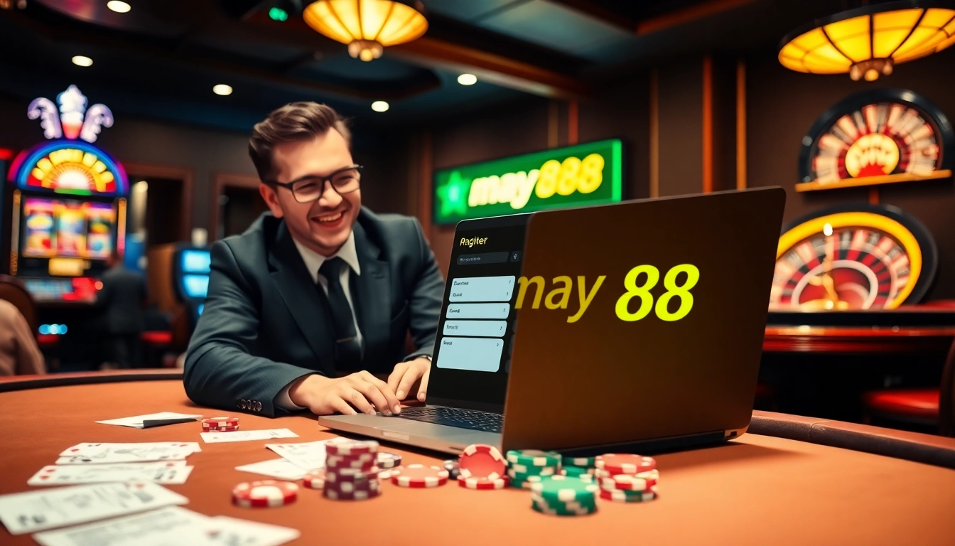 Experience may88 com đăng ký with an exciting casino scene featuring vibrant tables and players.