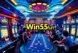 Experience Win55 fun at a luxurious casino scene with vibrant gaming elements and cheerful players.