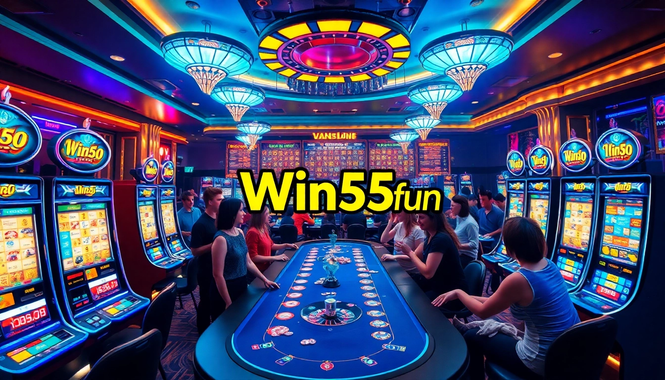 Experience Win55 fun at a luxurious casino scene with vibrant gaming elements and cheerful players.