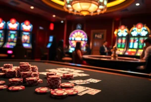 Play poker at kuwin02 with vibrant chips and an exciting casino background.