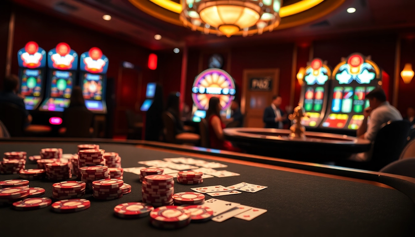 Play poker at kuwin02 with vibrant chips and an exciting casino background.