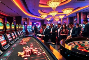 Experience thrilling moments at luongsontv with people enjoying poker and roulette in a vibrant casino setting.