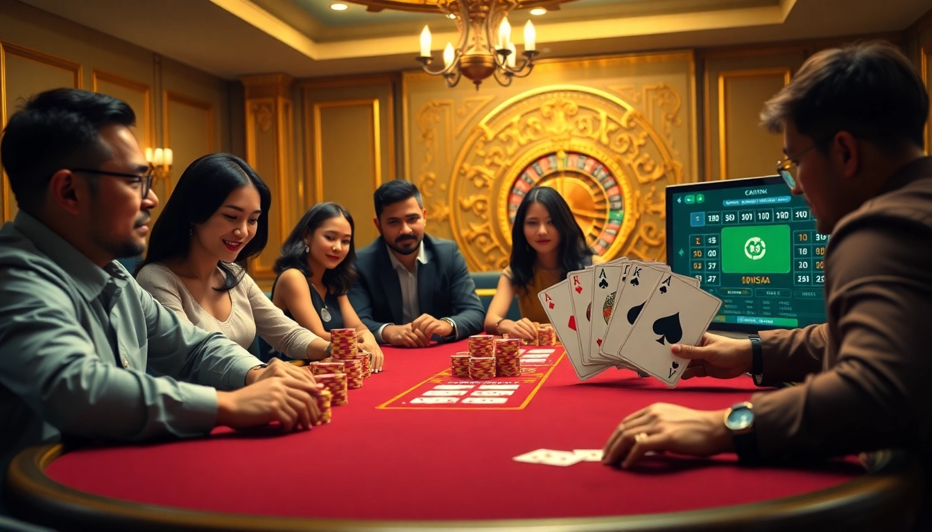 Players strategizing at a poker table with colorful chips at https://pg88mk.com/ for a thrilling gambling experience.