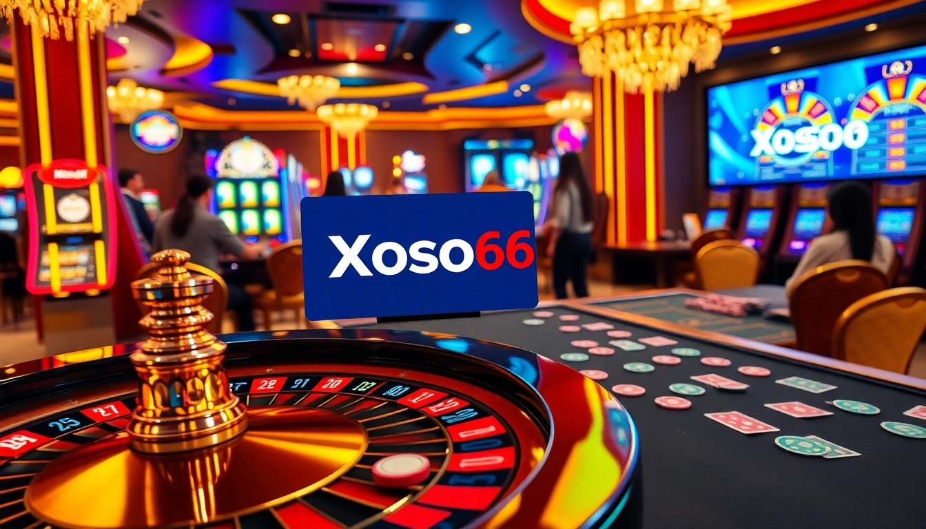 Xoso66 players engaging in thrilling casino games, showcasing vibrant poker tables and exciting slot machines.