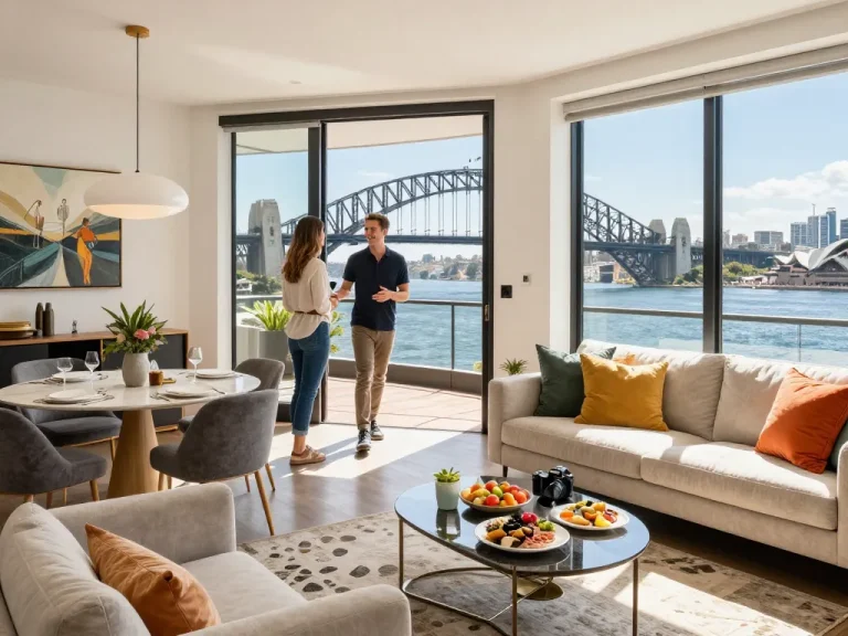 airbnb management sydney with a stylishly decorated apartment and welcoming host greeting guests