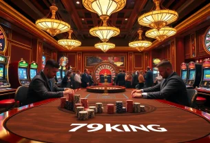 79king players engaging at a luxurious poker table surrounded by vibrant slot machines.