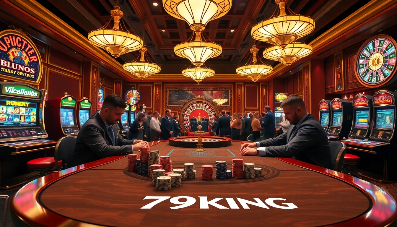 79king players engaging at a luxurious poker table surrounded by vibrant slot machines.