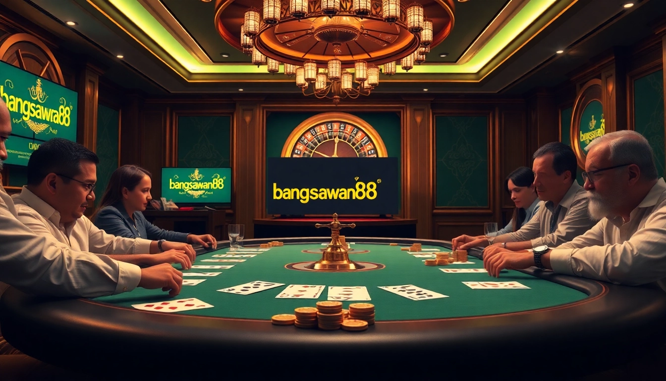 Bangsawan88 poker table scene displaying luxury with high stakes players engaged in the game.
