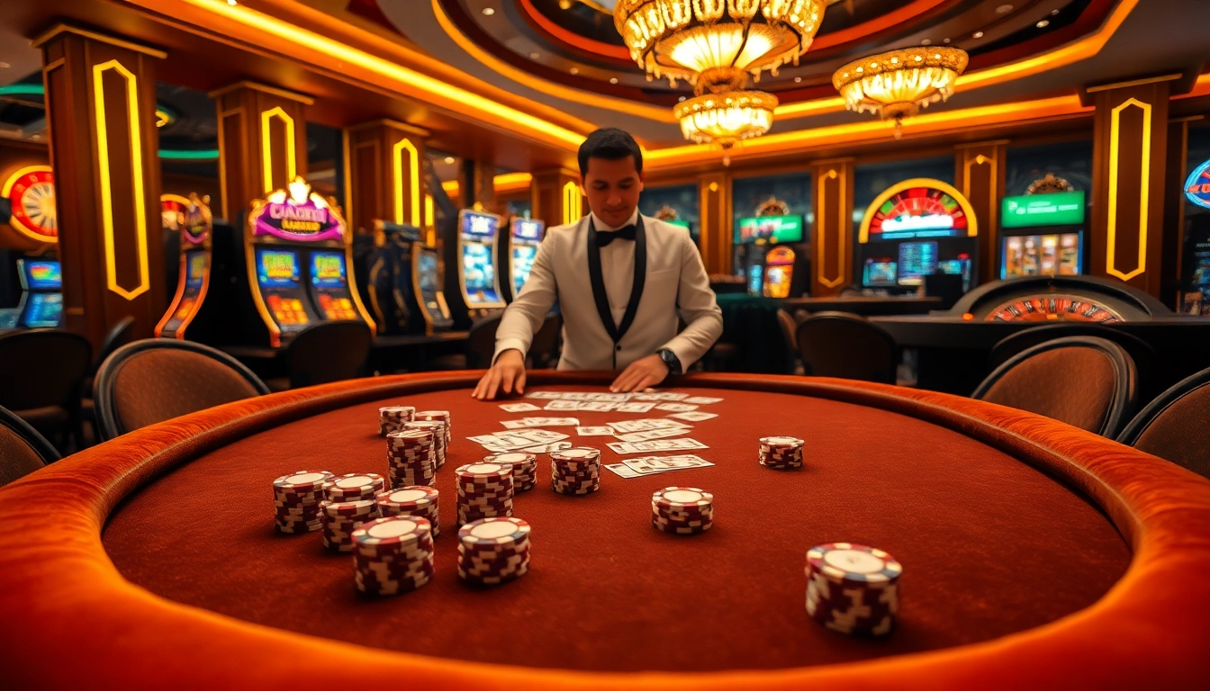 Experience high-stakes excitement at du88.com with a vibrant casino scene filled with poker chips and cards.
