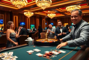 Excited players engaging in a vibrant nhà cái casino game with cards and chips.