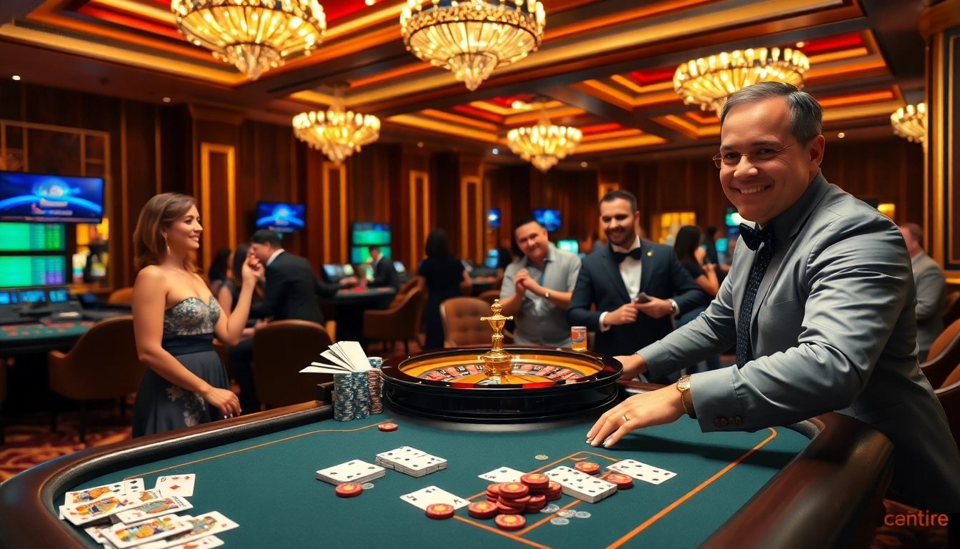 Excited players engaging in a vibrant nhà cái casino game with cards and chips.