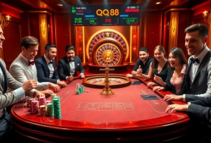 Players thrillingly engage at the casino table while checking the QQ88 link for gaming updates and rewards.
