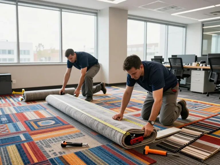 Team performing commercial carpet installation in a bright office, showcasing vibrant materials and professional teamwork.