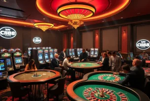 C168 casino players gambling at vibrant roulette and poker tables in a luxurious environment.