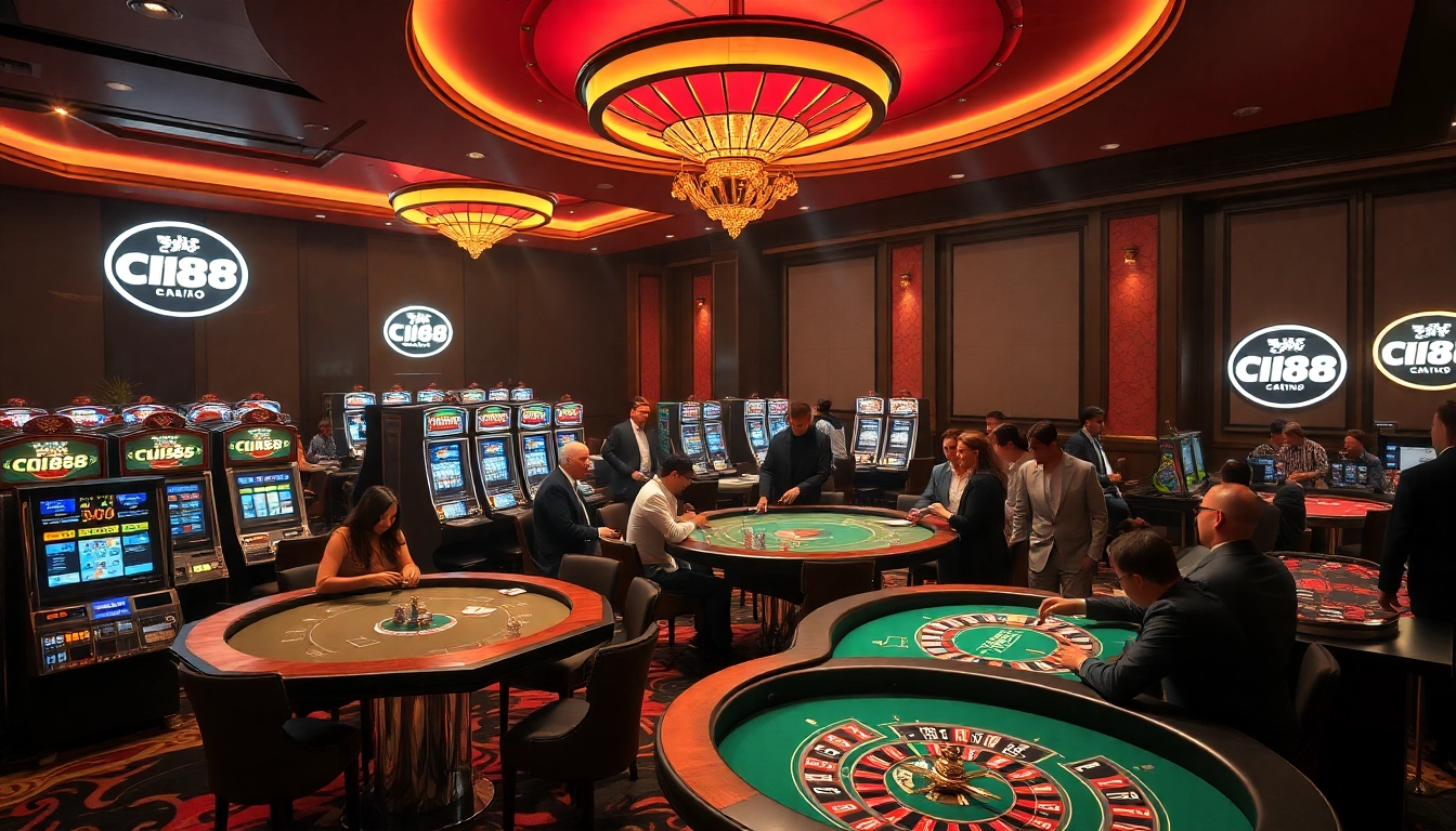 C168 casino players gambling at vibrant roulette and poker tables in a luxurious environment.