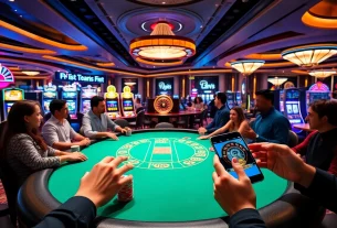 Players enjoying live dealer games at https://hitclub.gold/ in a vibrant casino atmosphere.