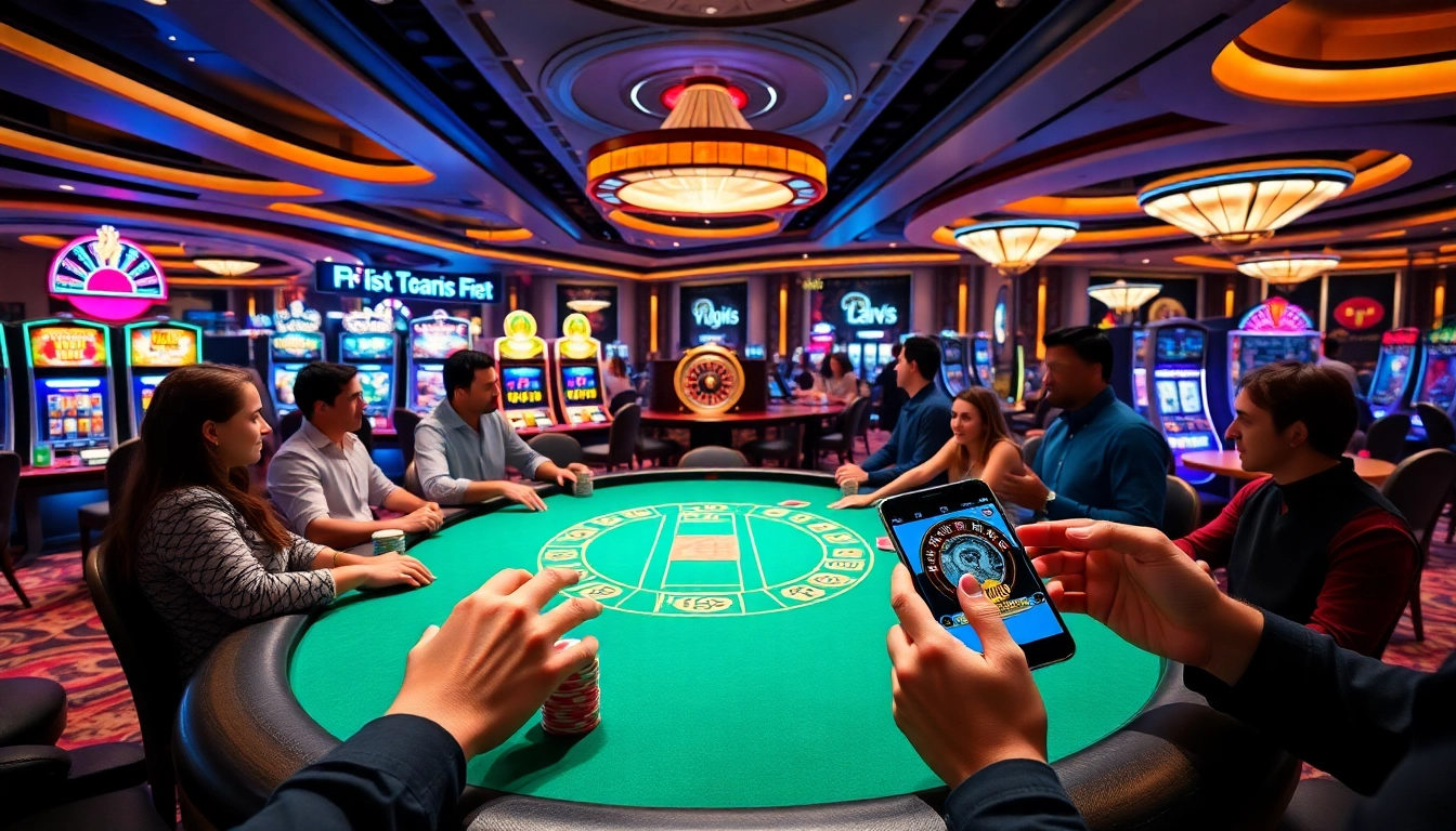 Players enjoying live dealer games at https://hitclub.gold/ in a vibrant casino atmosphere.