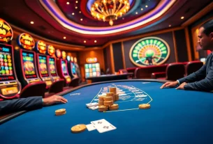 Engaging scene featuring gamblers at a poker table, showcasing the 789win link excitement in a vibrant casino setting.