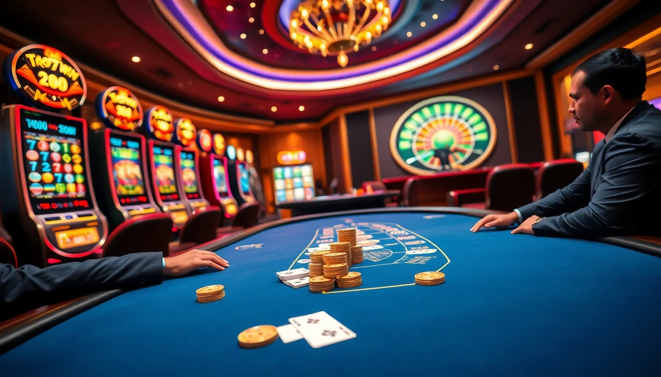 Engaging scene featuring gamblers at a poker table, showcasing the 789win link excitement in a vibrant casino setting.