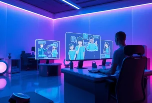 Futuristic workspace design showcasing AI NSFW character interactions with holographic displays.
