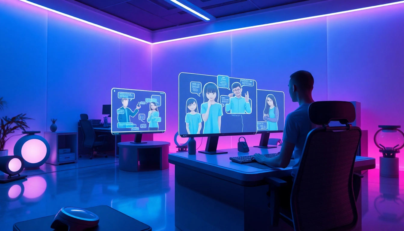 Futuristic workspace design showcasing AI NSFW character interactions with holographic displays.