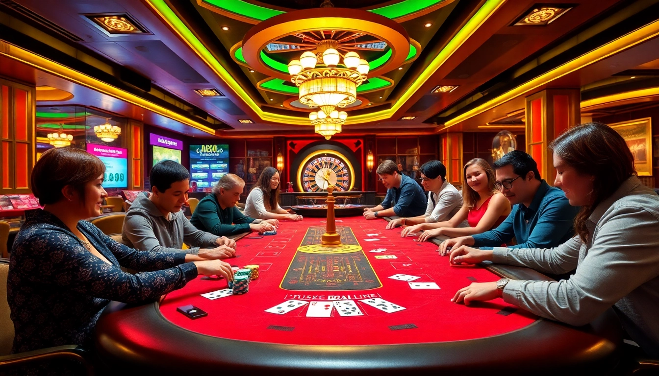Players enjoying an exciting game of poker at Nhà cái TG88 casino tables with vibrant ambiance.