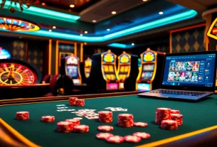Experience E2bet me excitement with a vibrant casino scene featuring poker, roulette, and slot machines.