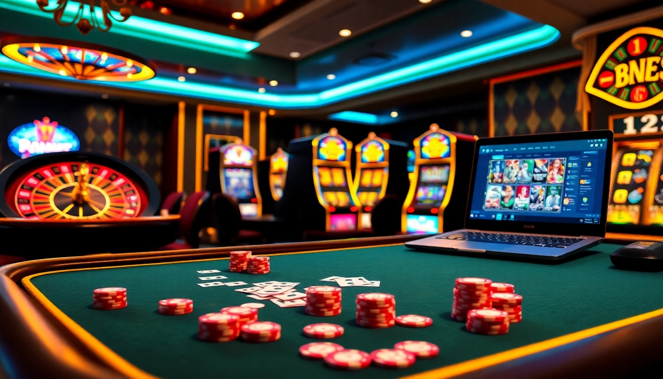 Experience E2bet me excitement with a vibrant casino scene featuring poker, roulette, and slot machines.