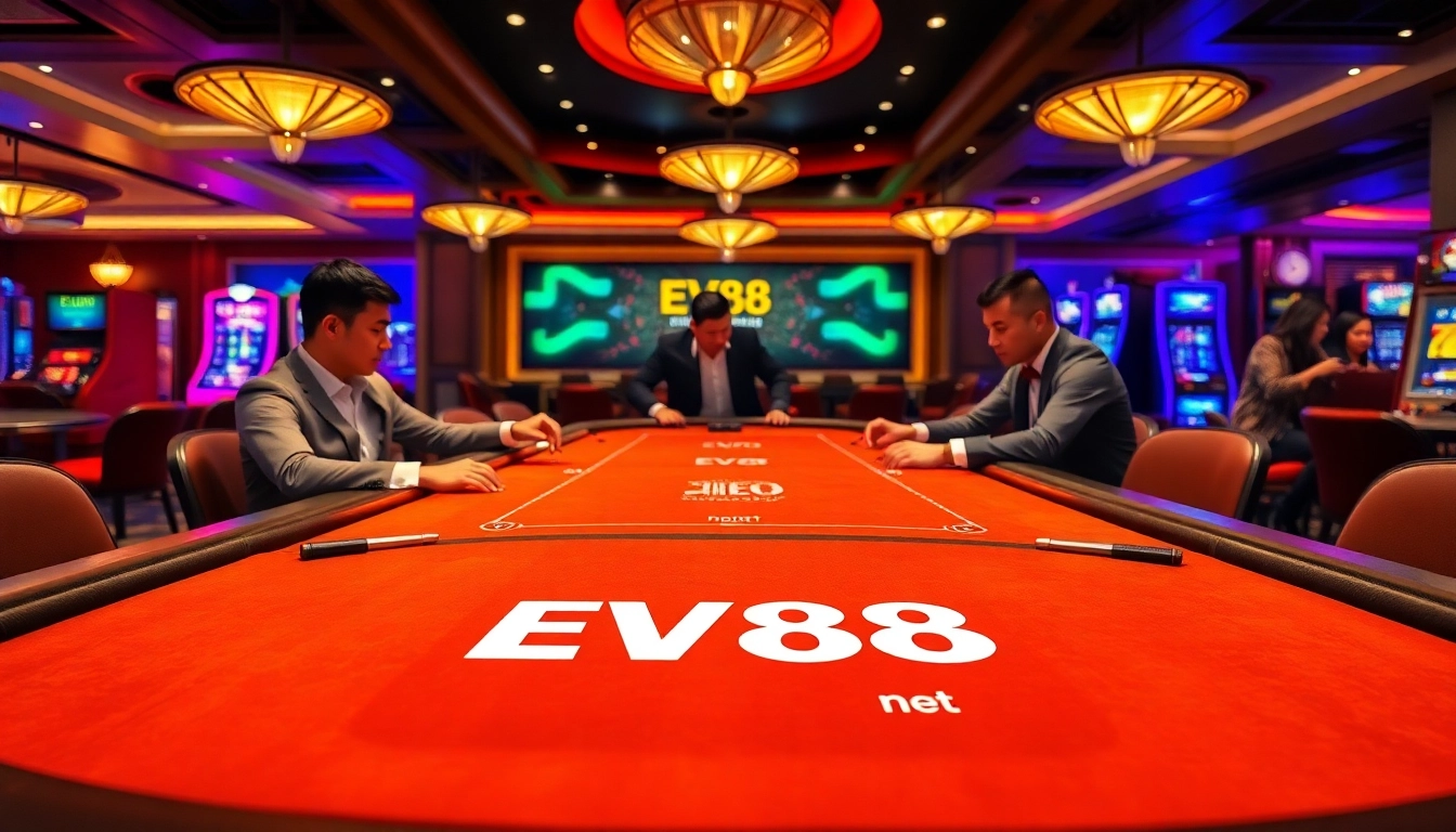Experience high-stakes poker at EV88 net, showcasing thrilling gameplay and professional dealers.