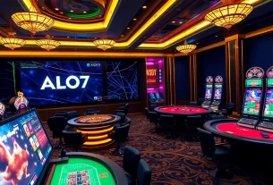 Exciting online gambling atmosphere with ALO789 APK showcased in vibrant casino setting.