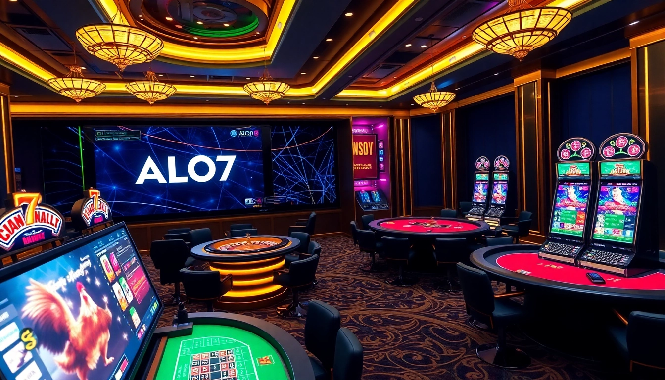 Exciting online gambling atmosphere with ALO789 APK showcased in vibrant casino setting.