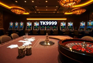 Engage with dynamic poker action at TK999 casino filled with inviting vibrant visuals and luxury.