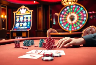 Exciting gambling moment at open88 casino with luxurious poker table and vibrant slot machines.