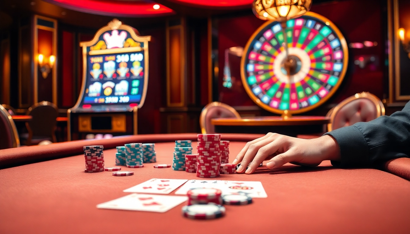 Exciting gambling moment at open88 casino with luxurious poker table and vibrant slot machines.