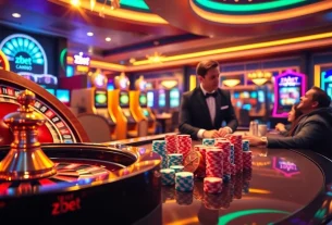 Engaging zbet casino scene with vibrant gaming tables and slot machines.