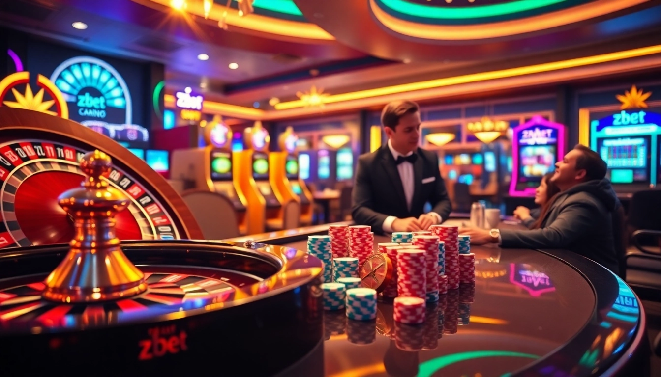 Engaging zbet casino scene with vibrant gaming tables and slot machines.
