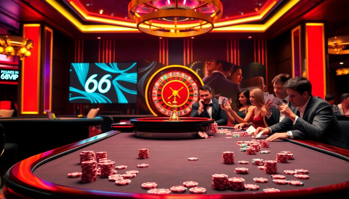 Experience thrilling gameplay at 68VIP's luxury casino with vibrant roulette and poker action.