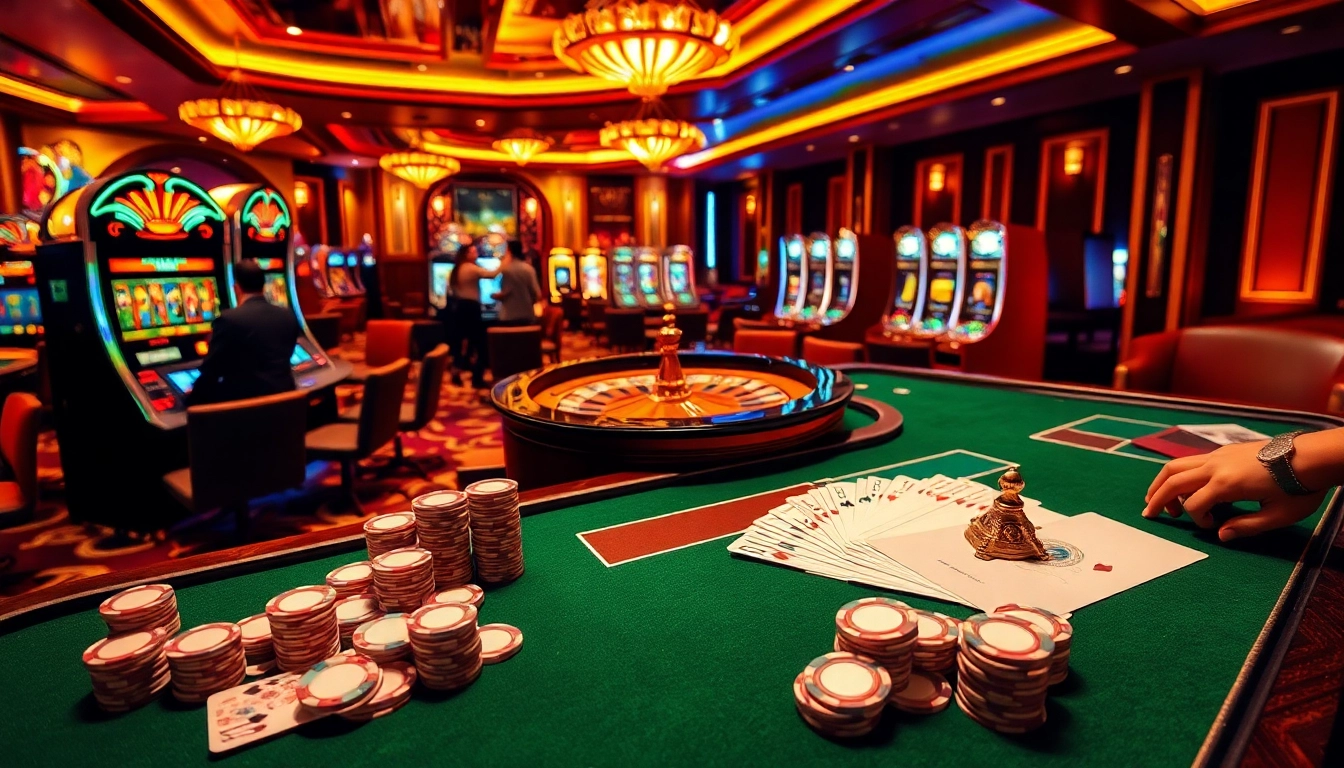 Experience the excitement of trang chủ 98win with vibrant casino visuals of gaming tables and slot machines.