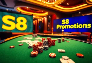 S8 games and promotions displayed on a luxurious casino poker table with cards and chips.