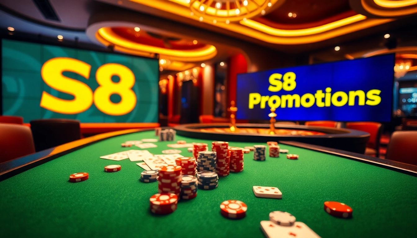 S8 games and promotions displayed on a luxurious casino poker table with cards and chips.