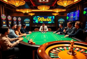 Experience thrilling gameplay at 98win's luxurious casino, featuring vibrant poker and slot action.