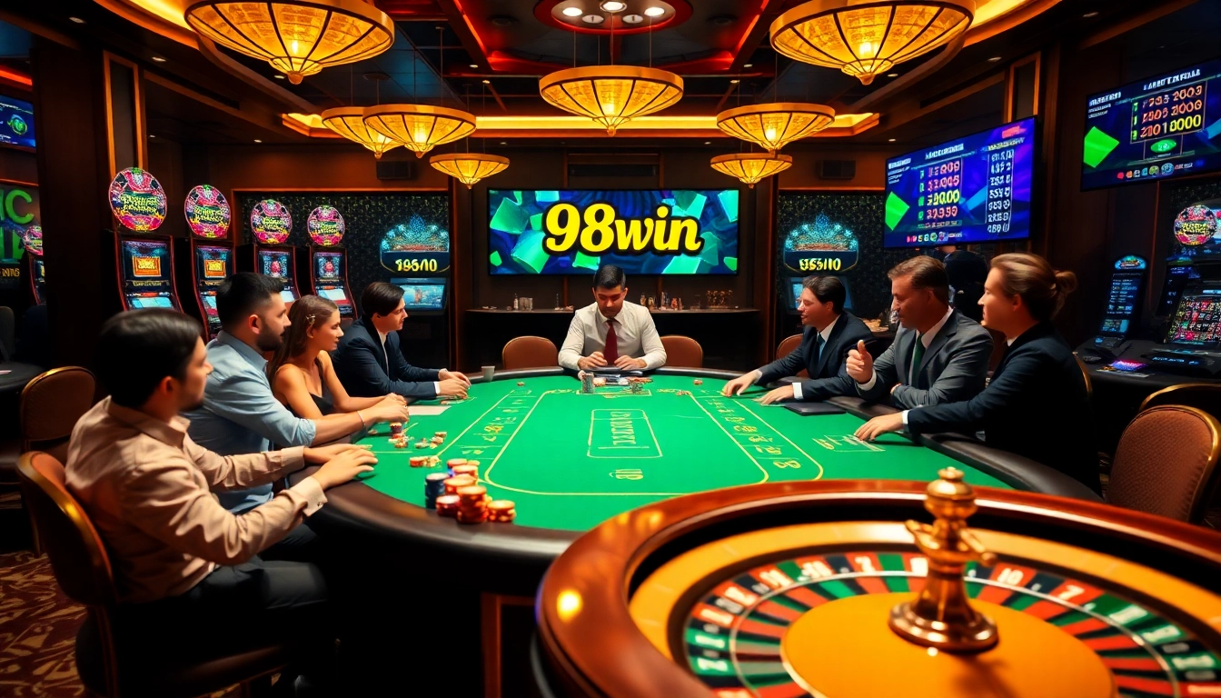 Experience thrilling gameplay at 98win's luxurious casino, featuring vibrant poker and slot action.