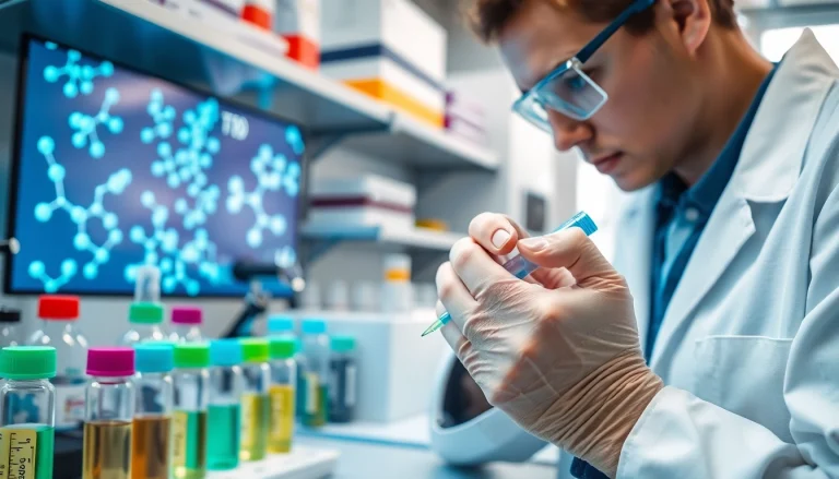 View of lab research into Peptides UK with a scientist manipulating vials and equipment.