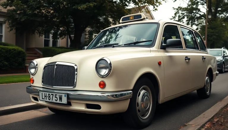 Claygate taxi service highlighted by a vintage cab on a picturesque street.