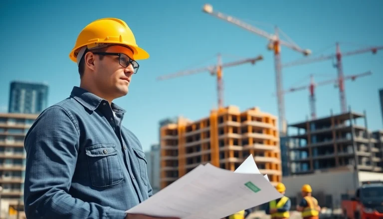 New Jersey Construction Manager supervising a building project with workers and cranes in the background.