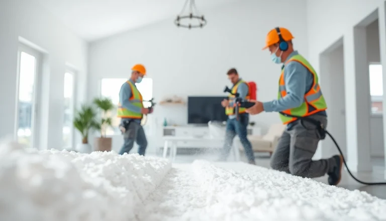 Technicians conducting professional spray foam removal in a modern interior with safety equipment.