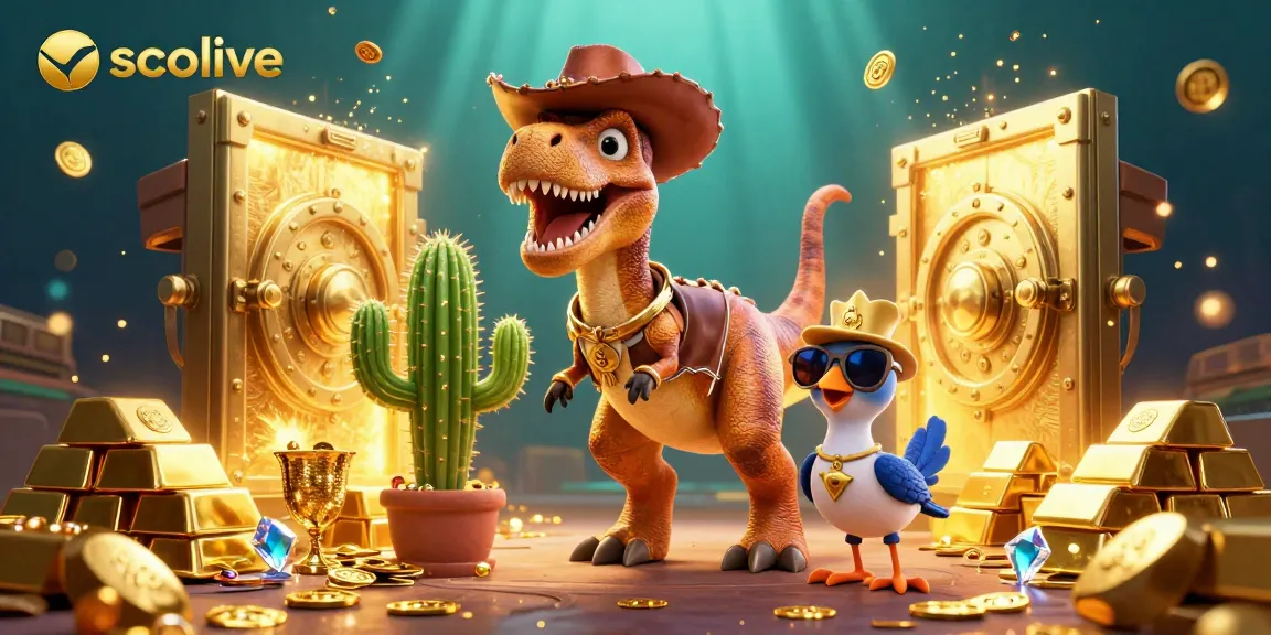 Socolive showcases intense sports betting action with T-Rex, cactus, and roadrunner amidst treasure and gems.