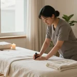 Peaceful massage therapy environment highlighting 부평출장마사지 with essential oils and tranquil decor.