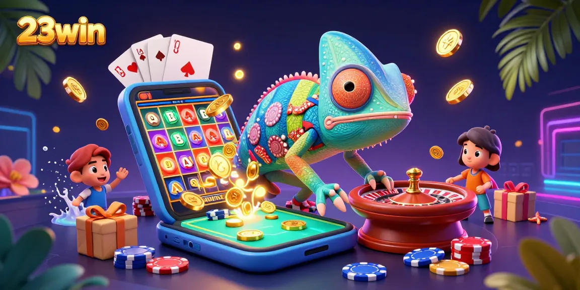 Experience thrilling gameplay with 23win as golden coins erupt from a cute chameleon casino owner.